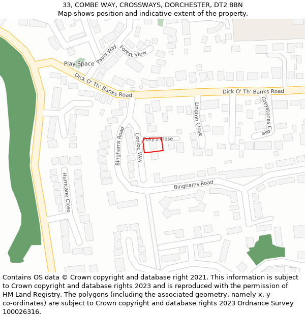 33, COMBE WAY, CROSSWAYS, DORCHESTER, DT2 8BN: Location map and indicative extent of plot