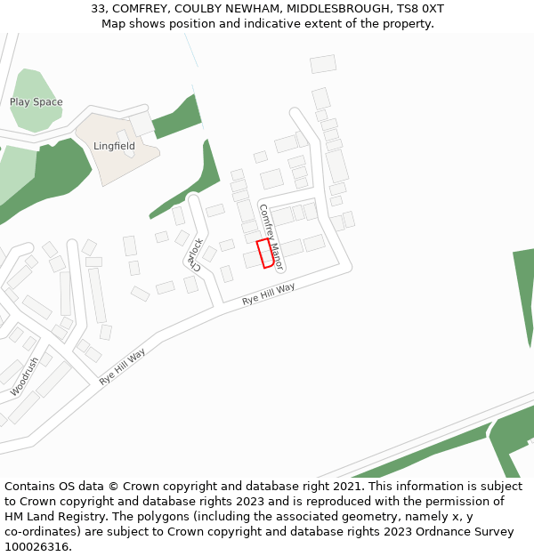 33, COMFREY, COULBY NEWHAM, MIDDLESBROUGH, TS8 0XT: Location map and indicative extent of plot