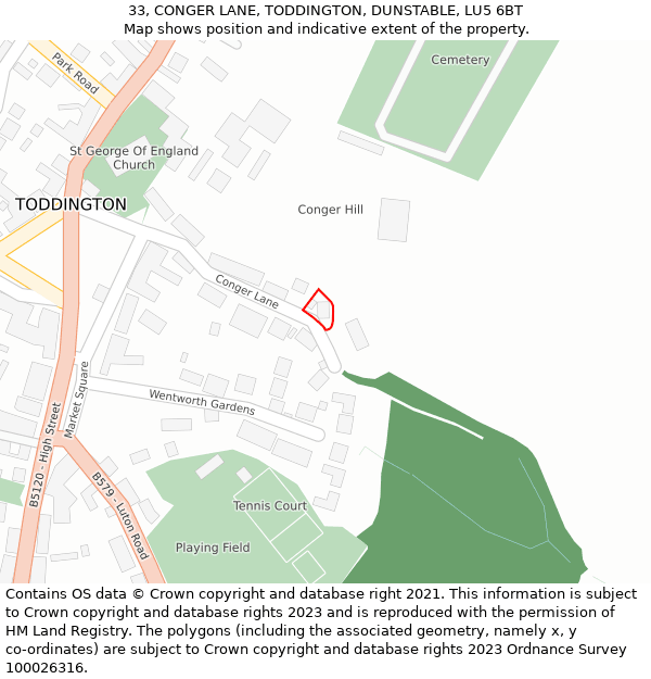 33, CONGER LANE, TODDINGTON, DUNSTABLE, LU5 6BT: Location map and indicative extent of plot