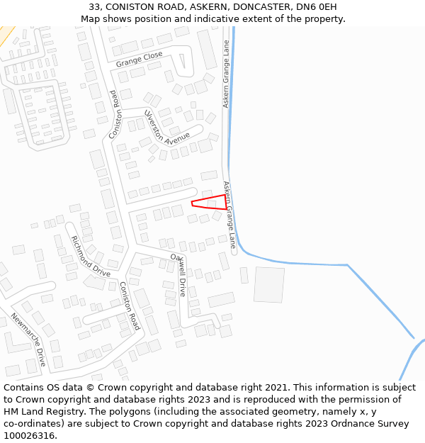 33, CONISTON ROAD, ASKERN, DONCASTER, DN6 0EH: Location map and indicative extent of plot