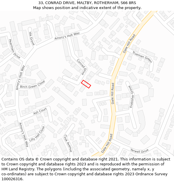 33, CONRAD DRIVE, MALTBY, ROTHERHAM, S66 8RS: Location map and indicative extent of plot