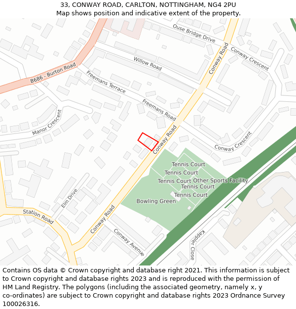 33, CONWAY ROAD, CARLTON, NOTTINGHAM, NG4 2PU: Location map and indicative extent of plot