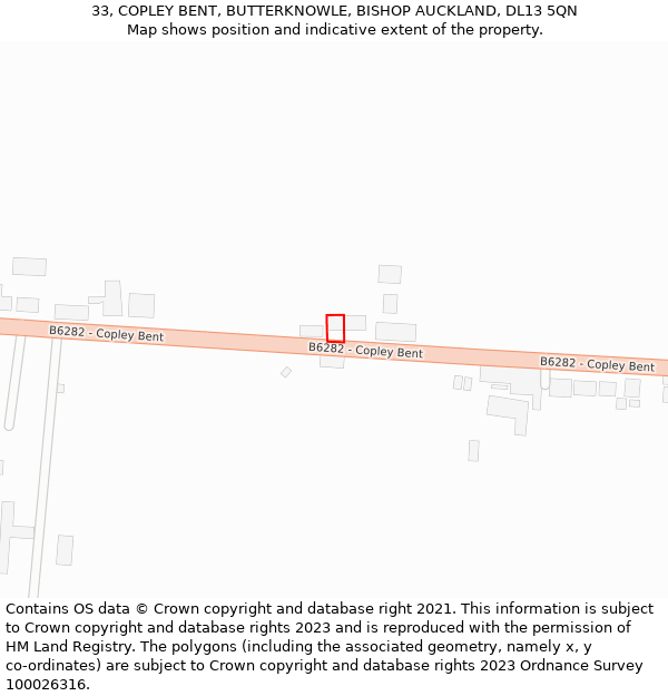 33, COPLEY BENT, BUTTERKNOWLE, BISHOP AUCKLAND, DL13 5QN: Location map and indicative extent of plot