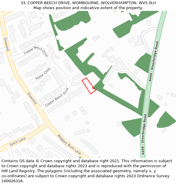 33, COPPER BEECH DRIVE, WOMBOURNE, WOLVERHAMPTON, WV5 0LH: Location map and indicative extent of plot