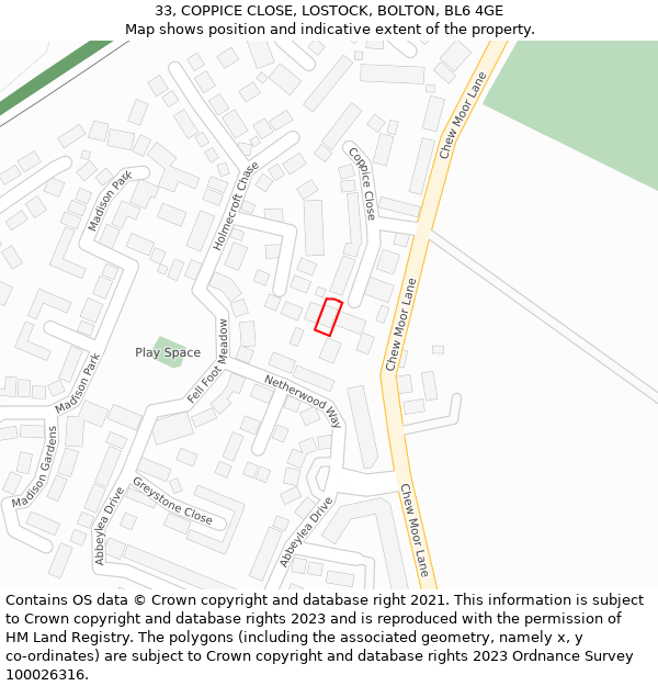 33, COPPICE CLOSE, LOSTOCK, BOLTON, BL6 4GE: Location map and indicative extent of plot