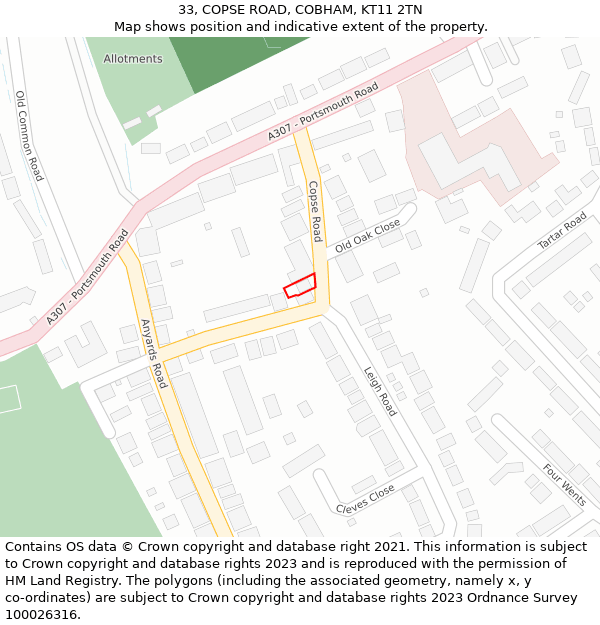33, COPSE ROAD, COBHAM, KT11 2TN: Location map and indicative extent of plot