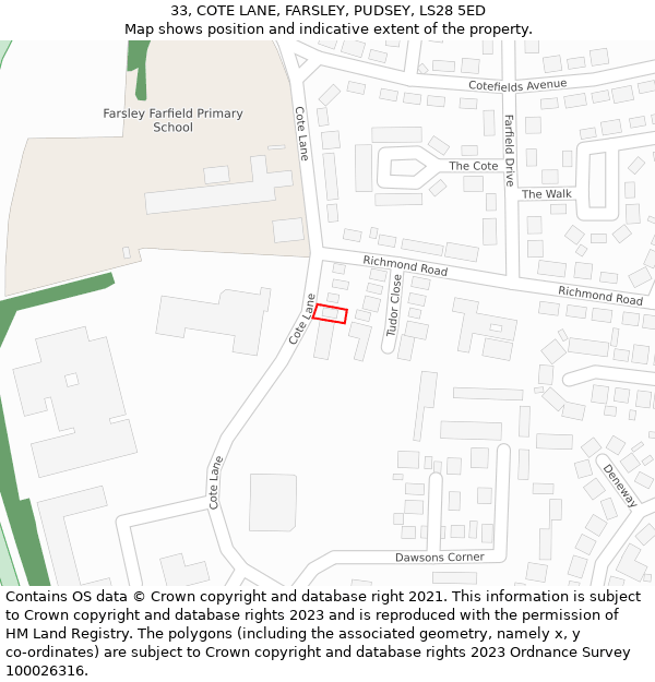 33, COTE LANE, FARSLEY, PUDSEY, LS28 5ED: Location map and indicative extent of plot