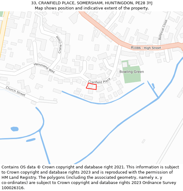 33, CRANFIELD PLACE, SOMERSHAM, HUNTINGDON, PE28 3YJ: Location map and indicative extent of plot