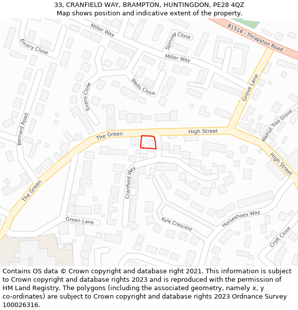 33, CRANFIELD WAY, BRAMPTON, HUNTINGDON, PE28 4QZ: Location map and indicative extent of plot