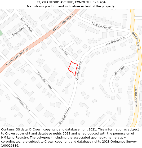 33, CRANFORD AVENUE, EXMOUTH, EX8 2QA: Location map and indicative extent of plot