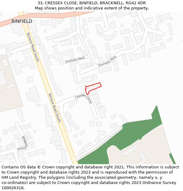 33, CRESSEX CLOSE, BINFIELD, BRACKNELL, RG42 4DR: Location map and indicative extent of plot