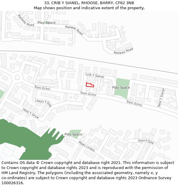 33, CRIB Y SIANEL, RHOOSE, BARRY, CF62 3NB: Location map and indicative extent of plot