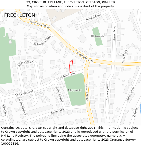 33, CROFT BUTTS LANE, FRECKLETON, PRESTON, PR4 1RB: Location map and indicative extent of plot