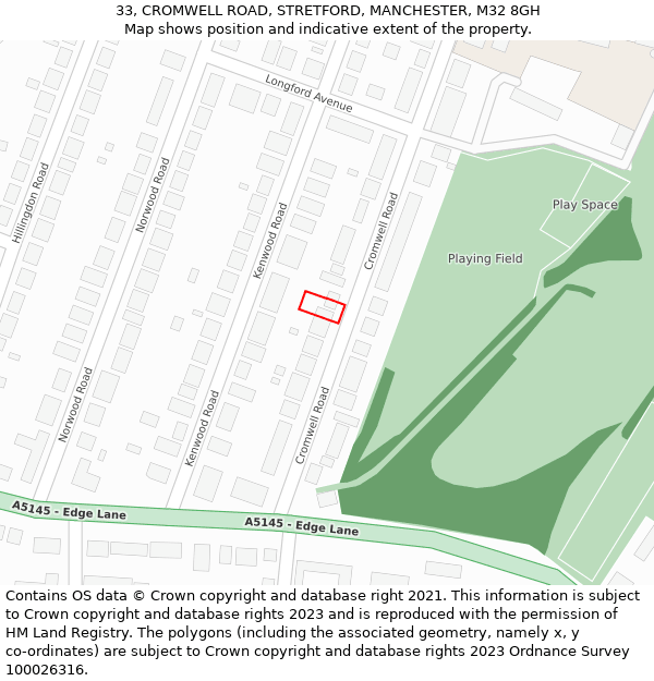 33, CROMWELL ROAD, STRETFORD, MANCHESTER, M32 8GH: Location map and indicative extent of plot