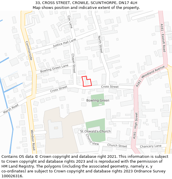 33, CROSS STREET, CROWLE, SCUNTHORPE, DN17 4LH: Location map and indicative extent of plot