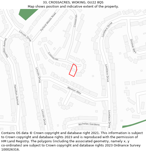 33, CROSSACRES, WOKING, GU22 8QS: Location map and indicative extent of plot