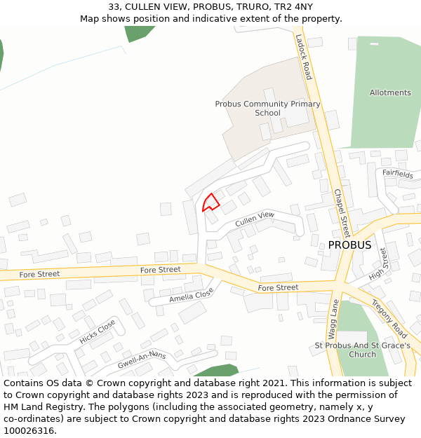 33, CULLEN VIEW, PROBUS, TRURO, TR2 4NY: Location map and indicative extent of plot
