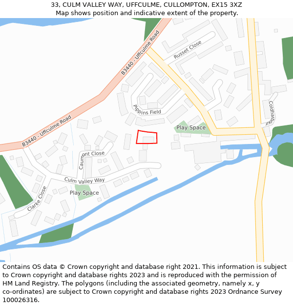 33, CULM VALLEY WAY, UFFCULME, CULLOMPTON, EX15 3XZ: Location map and indicative extent of plot