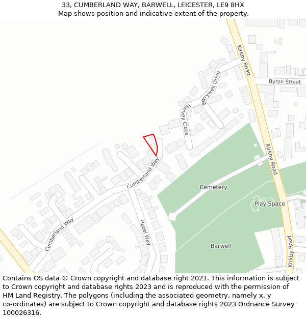 33, CUMBERLAND WAY, BARWELL, LEICESTER, LE9 8HX: Location map and indicative extent of plot