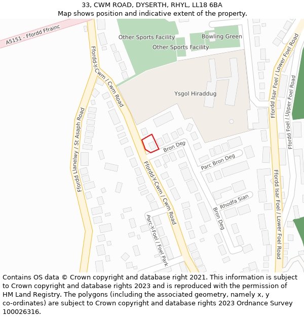 33, CWM ROAD, DYSERTH, RHYL, LL18 6BA: Location map and indicative extent of plot