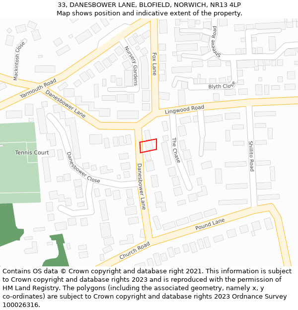 33, DANESBOWER LANE, BLOFIELD, NORWICH, NR13 4LP: Location map and indicative extent of plot