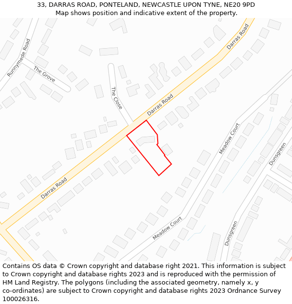 33, DARRAS ROAD, PONTELAND, NEWCASTLE UPON TYNE, NE20 9PD: Location map and indicative extent of plot