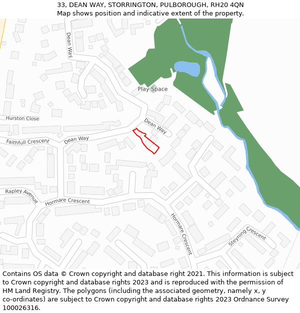 33, DEAN WAY, STORRINGTON, PULBOROUGH, RH20 4QN: Location map and indicative extent of plot