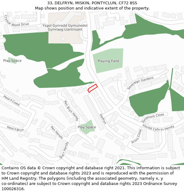 33, DELFRYN, MISKIN, PONTYCLUN, CF72 8SS: Location map and indicative extent of plot