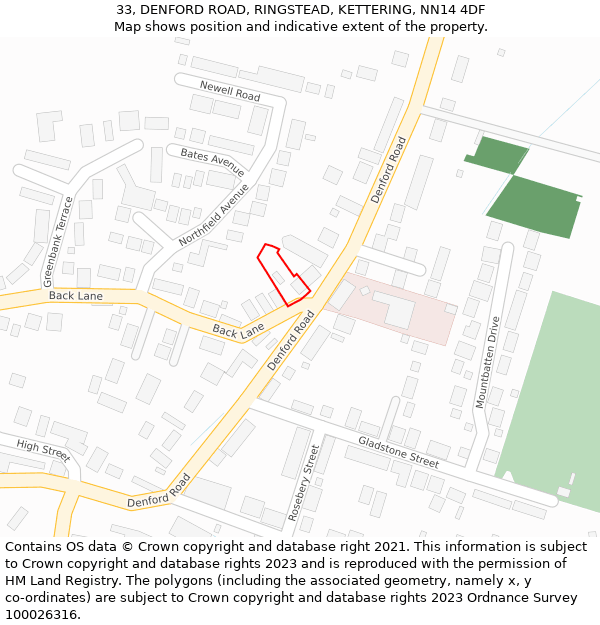 33, DENFORD ROAD, RINGSTEAD, KETTERING, NN14 4DF: Location map and indicative extent of plot