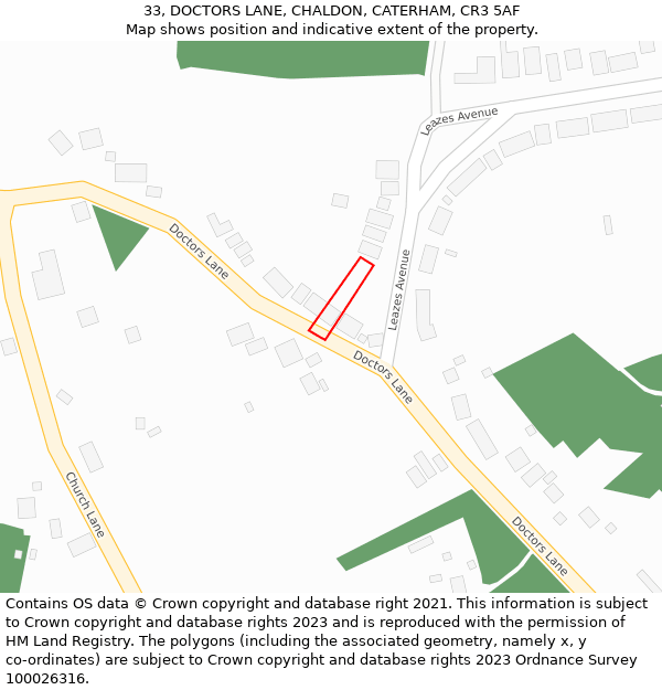 33, DOCTORS LANE, CHALDON, CATERHAM, CR3 5AF: Location map and indicative extent of plot
