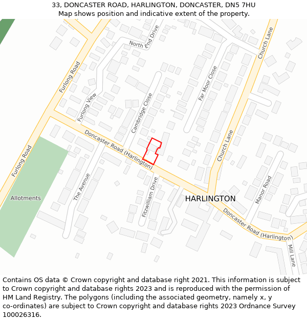 33, DONCASTER ROAD, HARLINGTON, DONCASTER, DN5 7HU: Location map and indicative extent of plot