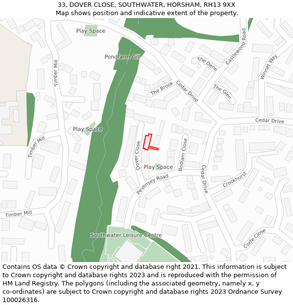 33, DOVER CLOSE, SOUTHWATER, HORSHAM, RH13 9XX: Location map and indicative extent of plot