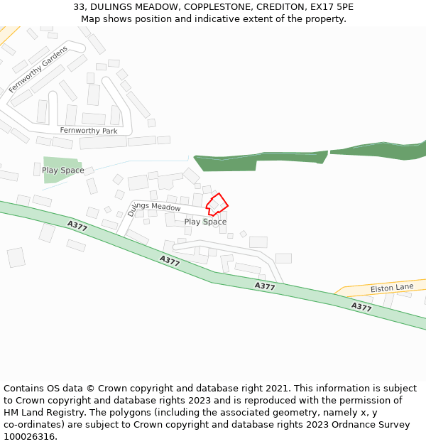 33, DULINGS MEADOW, COPPLESTONE, CREDITON, EX17 5PE: Location map and indicative extent of plot