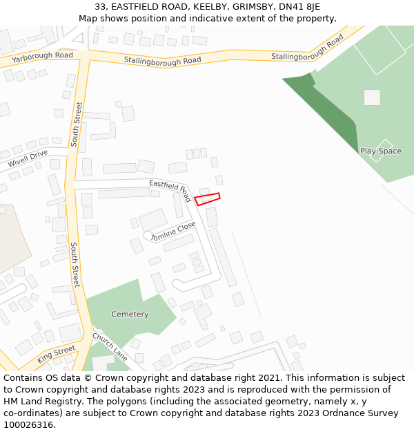 33, EASTFIELD ROAD, KEELBY, GRIMSBY, DN41 8JE: Location map and indicative extent of plot