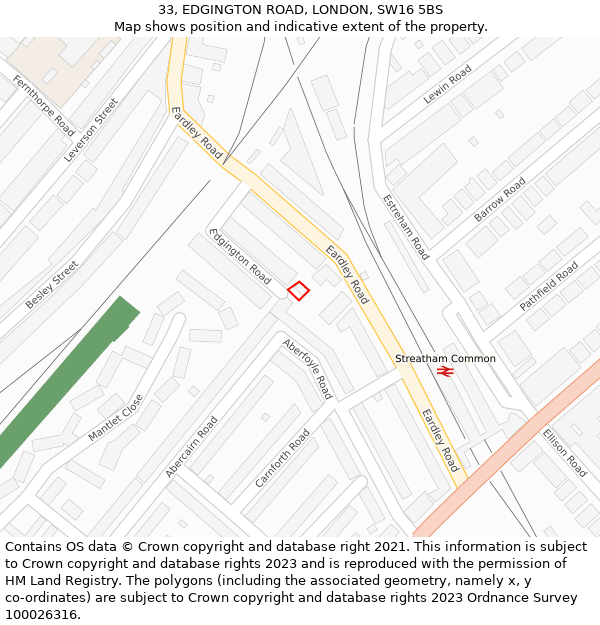 33, EDGINGTON ROAD, LONDON, SW16 5BS: Location map and indicative extent of plot