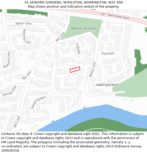 33, EDWARD GARDENS, WOOLSTON, WARRINGTON, WA1 4QS: Location map and indicative extent of plot