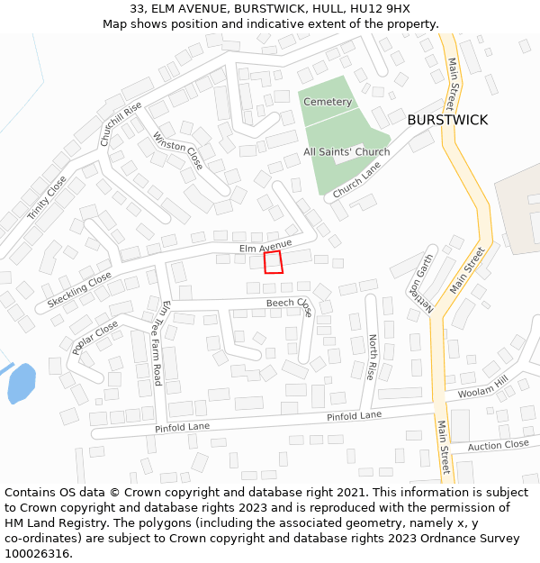 33, ELM AVENUE, BURSTWICK, HULL, HU12 9HX: Location map and indicative extent of plot