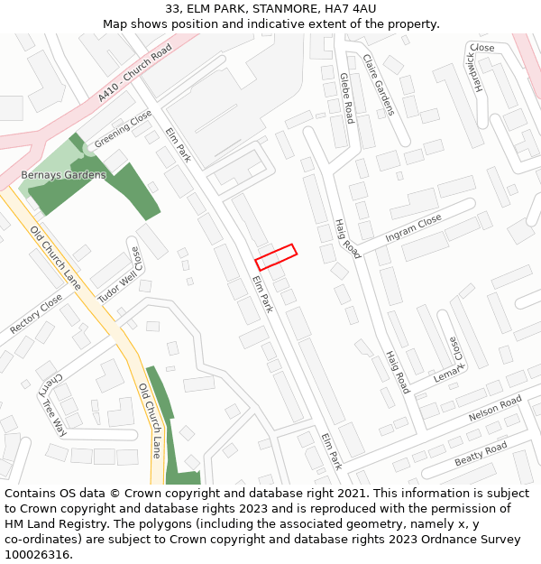 33, ELM PARK, STANMORE, HA7 4AU: Location map and indicative extent of plot