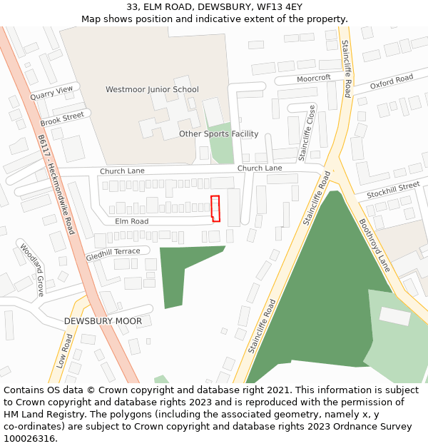 33, ELM ROAD, DEWSBURY, WF13 4EY: Location map and indicative extent of plot