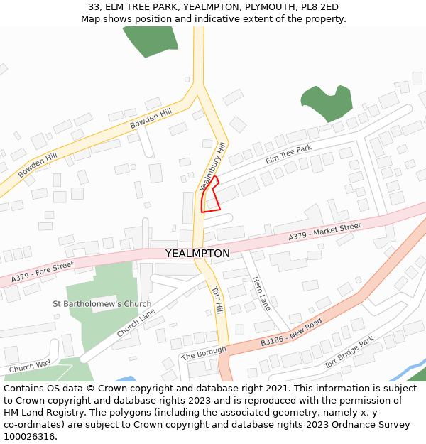 33, ELM TREE PARK, YEALMPTON, PLYMOUTH, PL8 2ED: Location map and indicative extent of plot