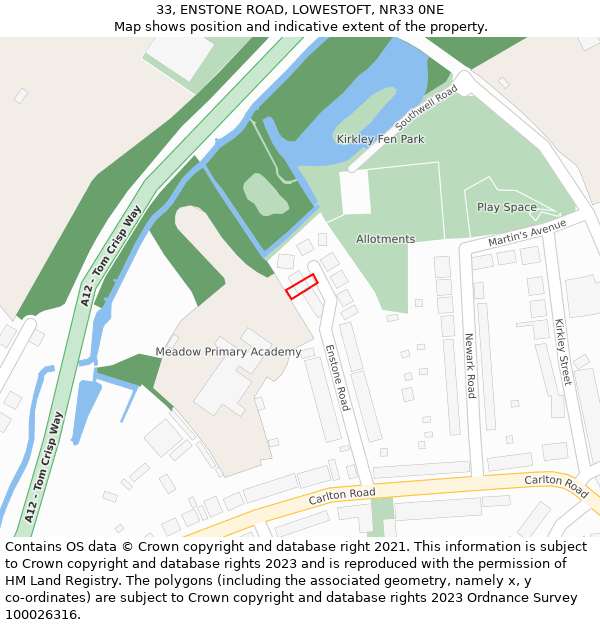 33, ENSTONE ROAD, LOWESTOFT, NR33 0NE: Location map and indicative extent of plot