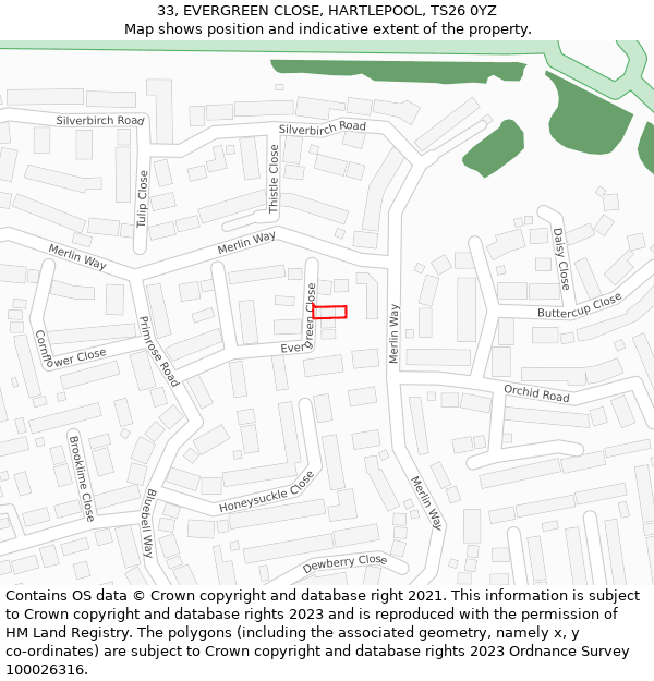 33, EVERGREEN CLOSE, HARTLEPOOL, TS26 0YZ: Location map and indicative extent of plot