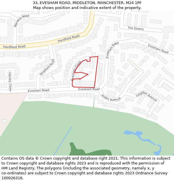 33, EVESHAM ROAD, MIDDLETON, MANCHESTER, M24 1PF: Location map and indicative extent of plot