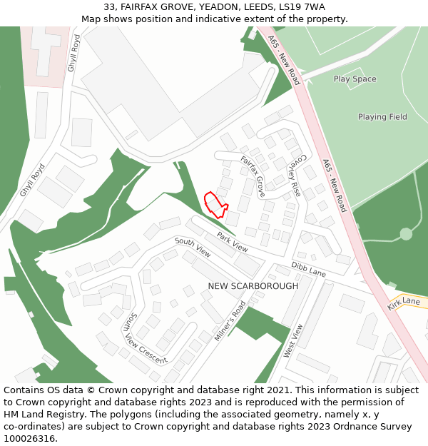 33, FAIRFAX GROVE, YEADON, LEEDS, LS19 7WA: Location map and indicative extent of plot