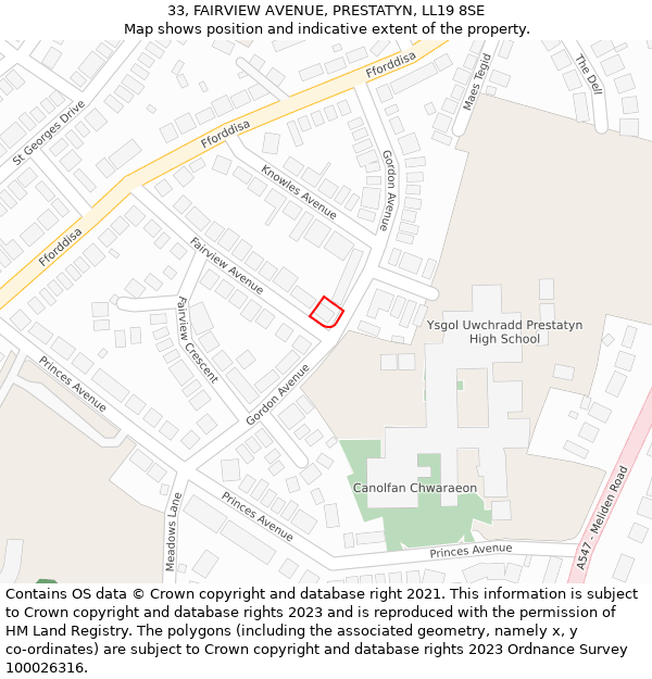 33, FAIRVIEW AVENUE, PRESTATYN, LL19 8SE: Location map and indicative extent of plot