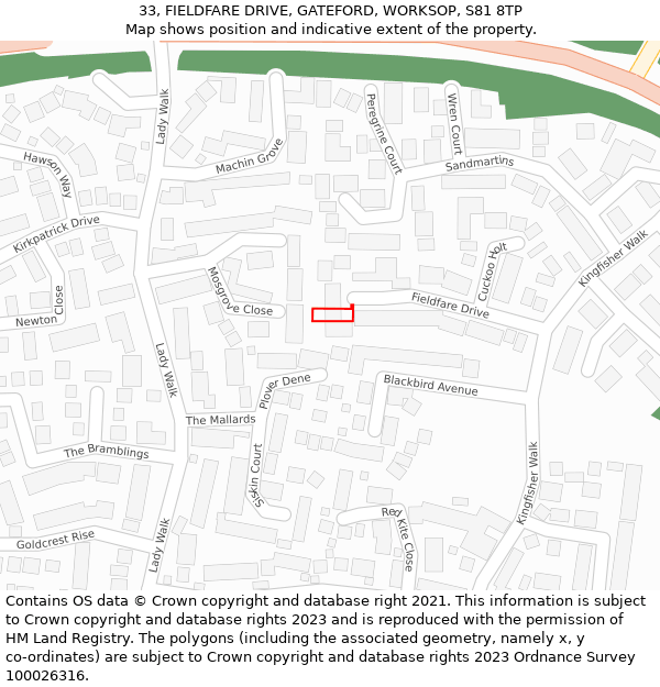 33, FIELDFARE DRIVE, GATEFORD, WORKSOP, S81 8TP: Location map and indicative extent of plot