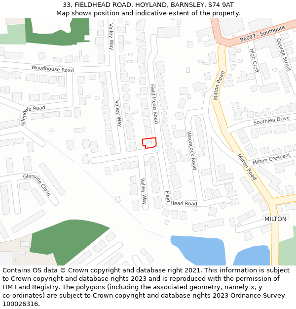 33, FIELDHEAD ROAD, HOYLAND, BARNSLEY, S74 9AT: Location map and indicative extent of plot