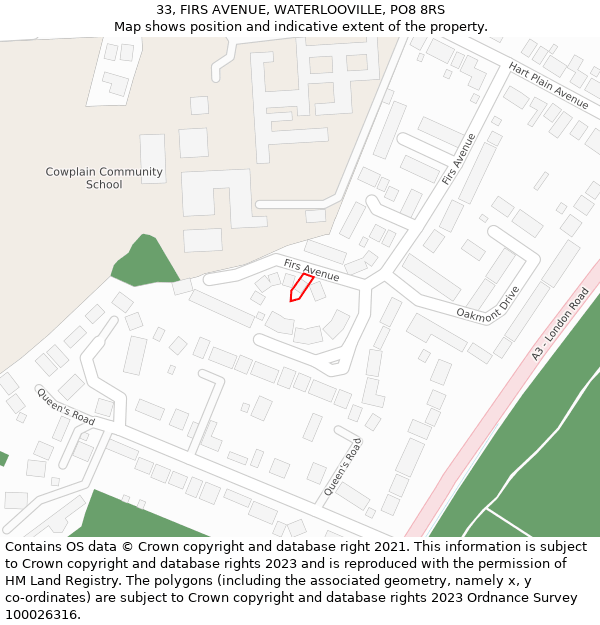 33, FIRS AVENUE, WATERLOOVILLE, PO8 8RS: Location map and indicative extent of plot