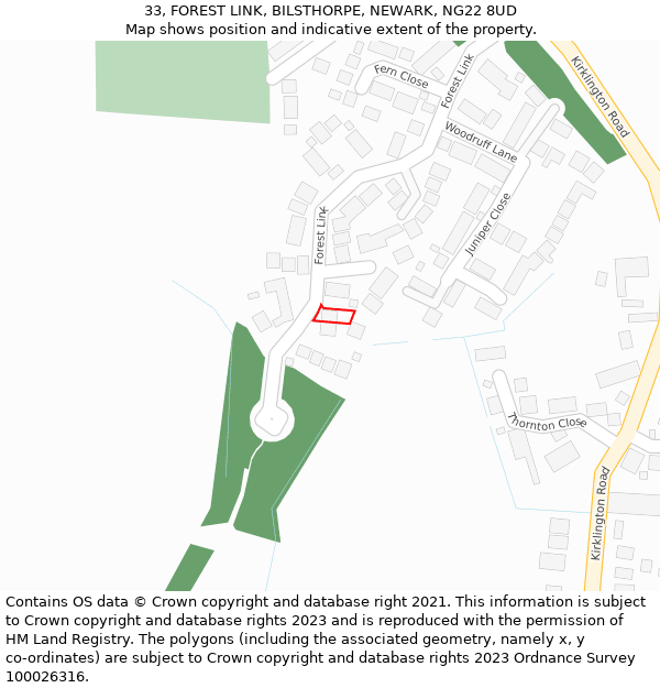 33, FOREST LINK, BILSTHORPE, NEWARK, NG22 8UD: Location map and indicative extent of plot