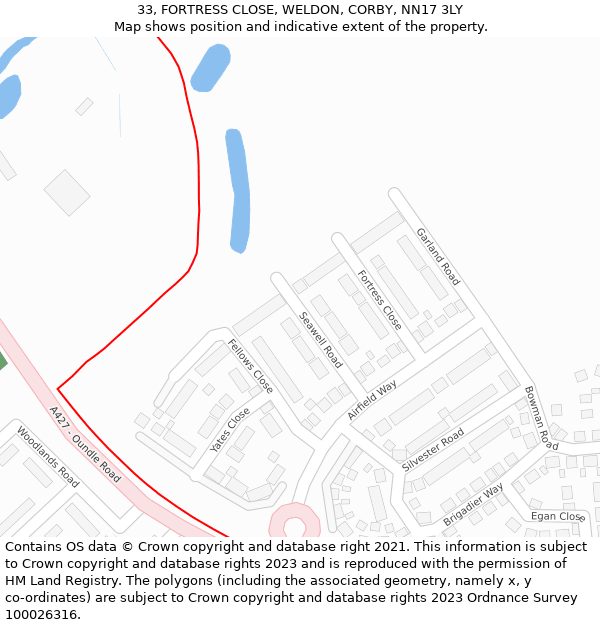 33, FORTRESS CLOSE, WELDON, CORBY, NN17 3LY: Location map and indicative extent of plot